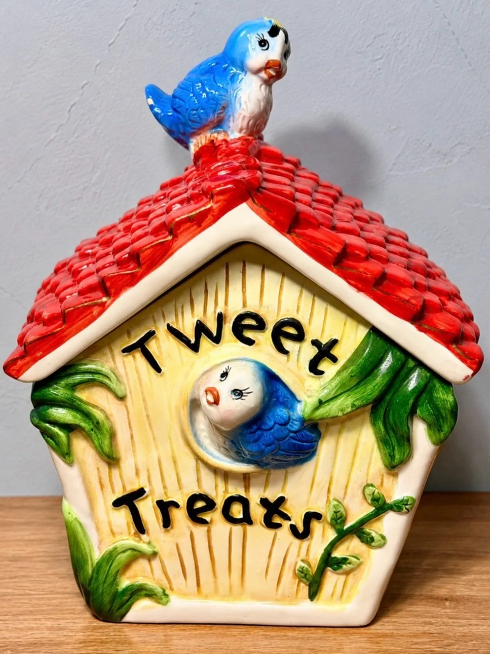 Vintage 1970s Tweety Treats Bluebird Cookie Jar | Ceramic Birdhouse Canister